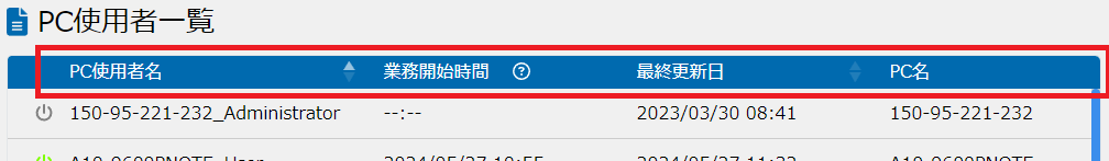 PC使用者一覧リストヘッダー